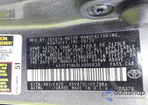 2020 Toyota Camry Le z USA, uszkodzony, nr VIN 4T1C11AK9LU996830